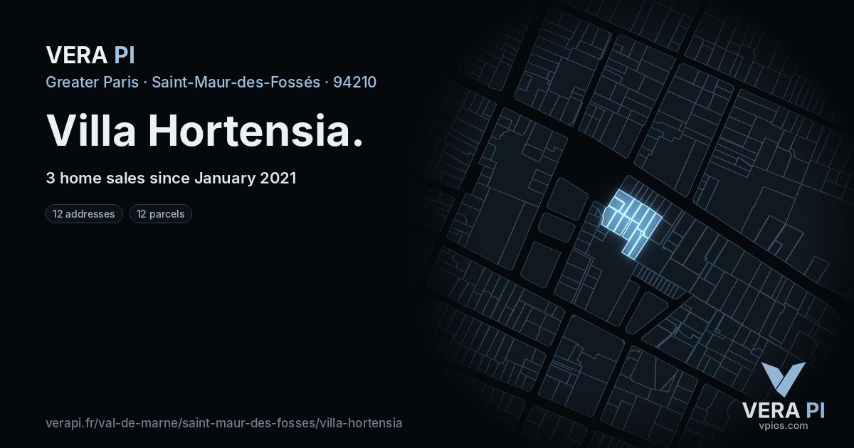 Villa Hortensia, Saint-Maur-des-Fossés at night – every parcel coloured by the prices around it, the street's own parcels lit