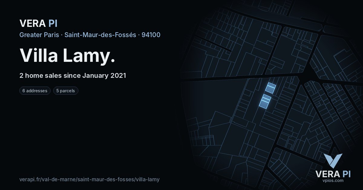 Villa Lamy, Saint-Maur-des-Fossés at night – every parcel coloured by the prices around it, the street's own parcels lit