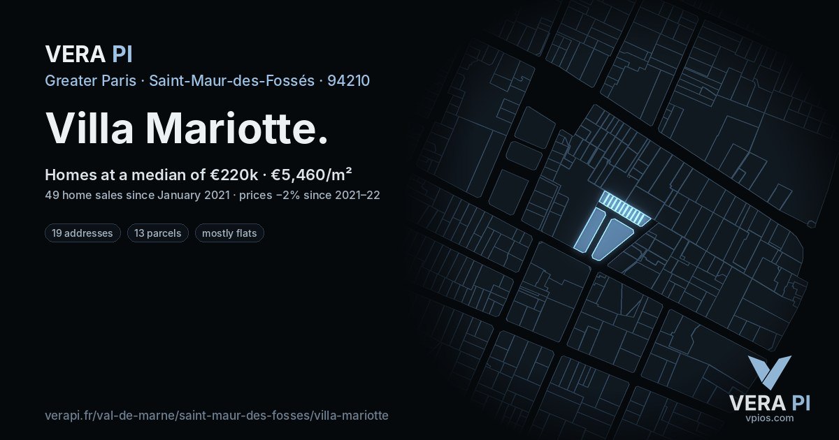 Villa Mariotte, Saint-Maur-des-Fossés at night – every parcel coloured by the prices around it, the street's own parcels lit