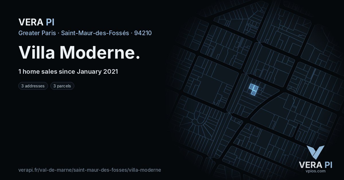 Villa Moderne, Saint-Maur-des-Fossés at night – every parcel coloured by the prices around it, the street's own parcels lit