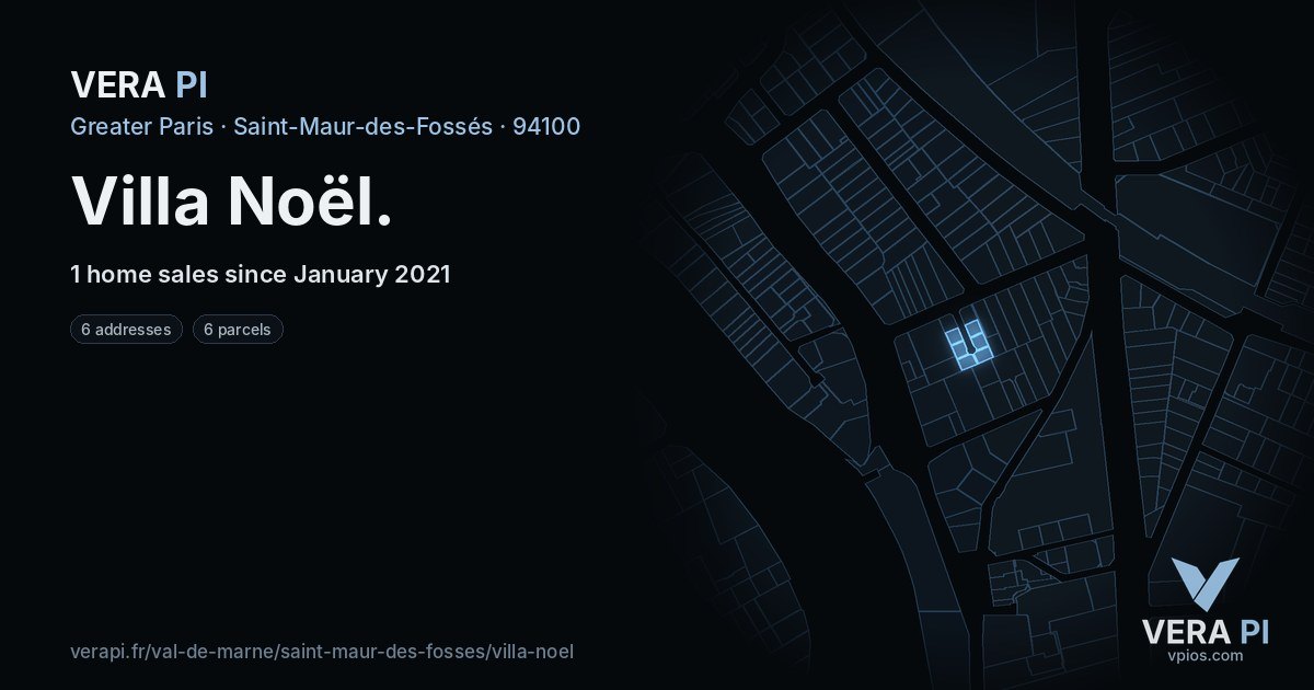 Villa Noël, Saint-Maur-des-Fossés at night – every parcel coloured by the prices around it, the street's own parcels lit