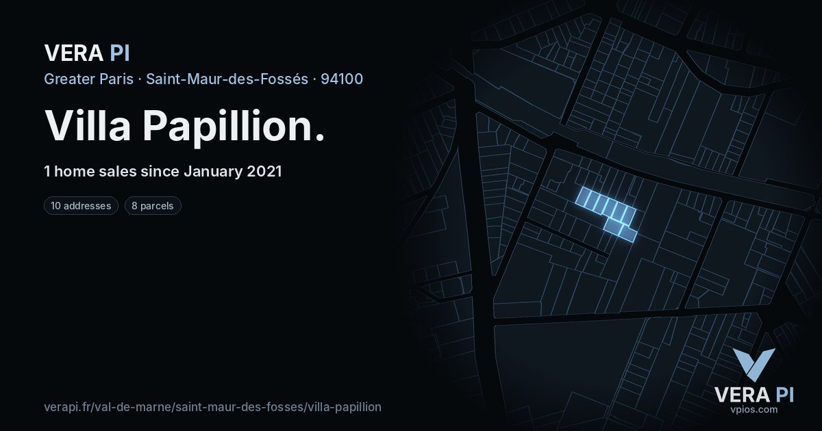 Villa Papillion, Saint-Maur-des-Fossés at night – every parcel coloured by the prices around it, the street's own parcels lit