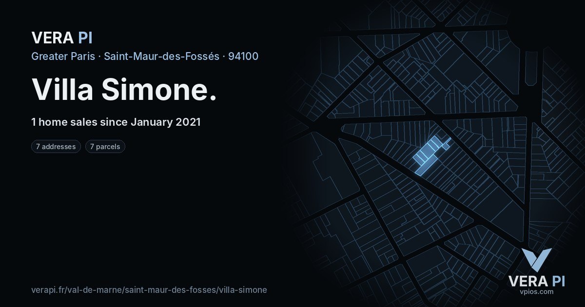Villa Simone, Saint-Maur-des-Fossés at night – every parcel coloured by the prices around it, the street's own parcels lit