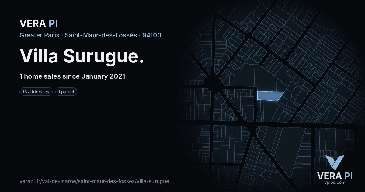 Villa Surugue, Saint-Maur-des-Fossés at night – every parcel coloured by the prices around it, the street's own parcels lit