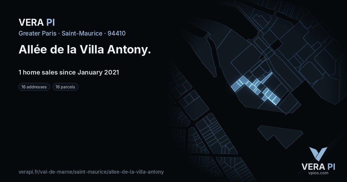 Allée de la Villa Antony, Saint-Maurice at night – every parcel coloured by the prices around it, the street's own parcels lit