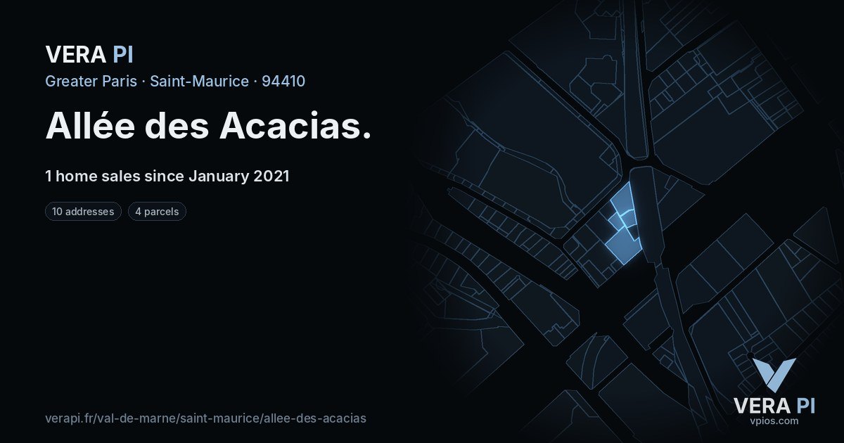 Allée des Acacias, Saint-Maurice at night – every parcel coloured by the prices around it, the street's own parcels lit