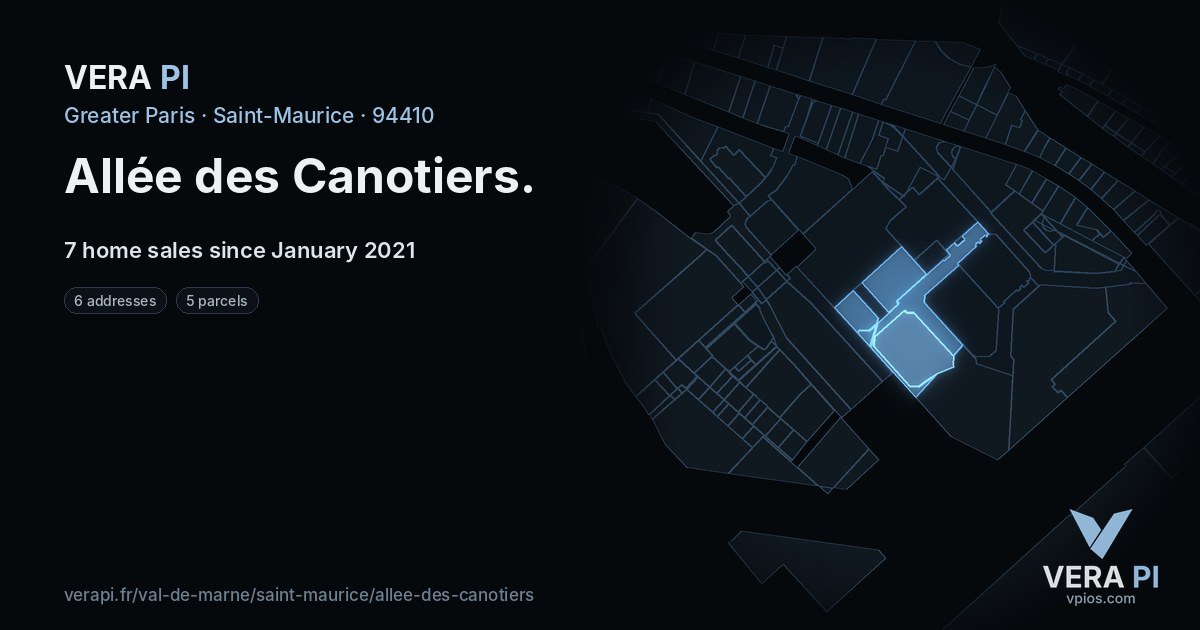 Allée des Canotiers, Saint-Maurice at night – every parcel coloured by the prices around it, the street's own parcels lit