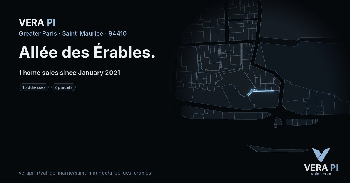 Allée des Érables, Saint-Maurice at night – every parcel coloured by the prices around it, the street's own parcels lit