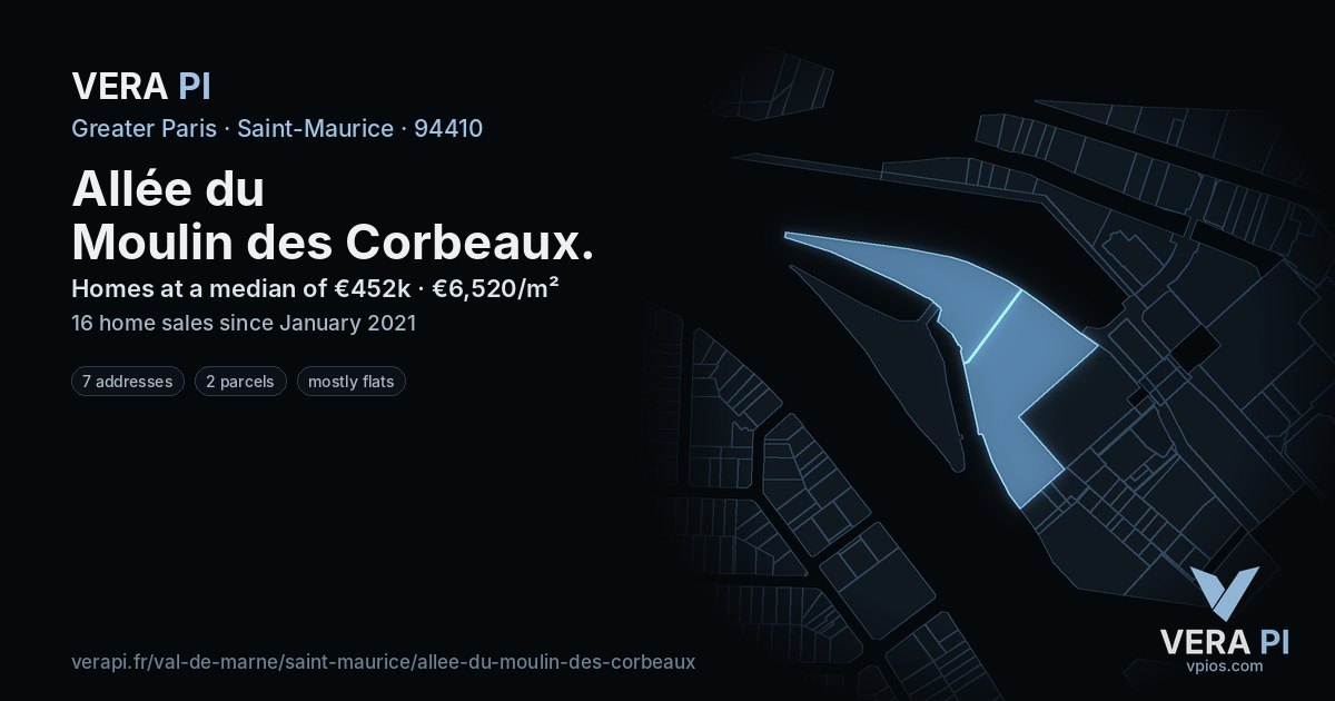Allée du Moulin des Corbeaux, Saint-Maurice at night – every parcel coloured by the prices around it, the street's own parcels lit