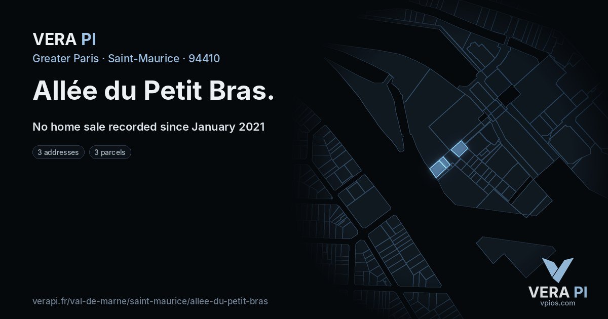 Allée du Petit Bras, Saint-Maurice at night – every parcel coloured by the prices around it, the street's own parcels lit