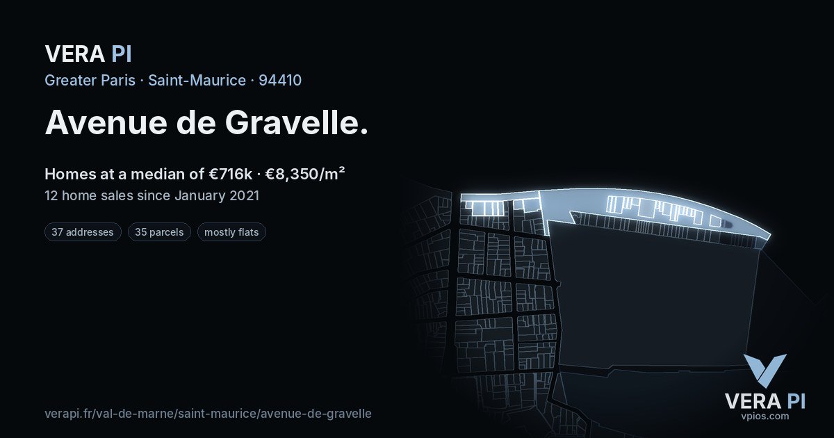 Avenue de Gravelle, Saint-Maurice at night – every parcel coloured by the prices around it, the street's own parcels lit