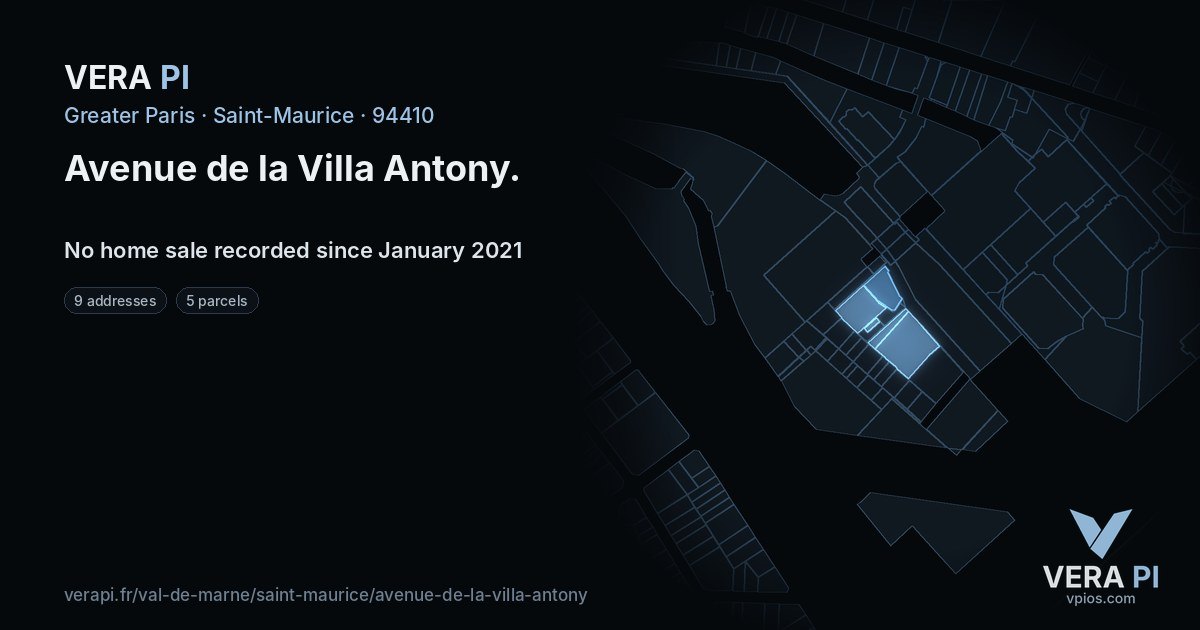 Avenue de la Villa Antony, Saint-Maurice at night – every parcel coloured by the prices around it, the street's own parcels lit