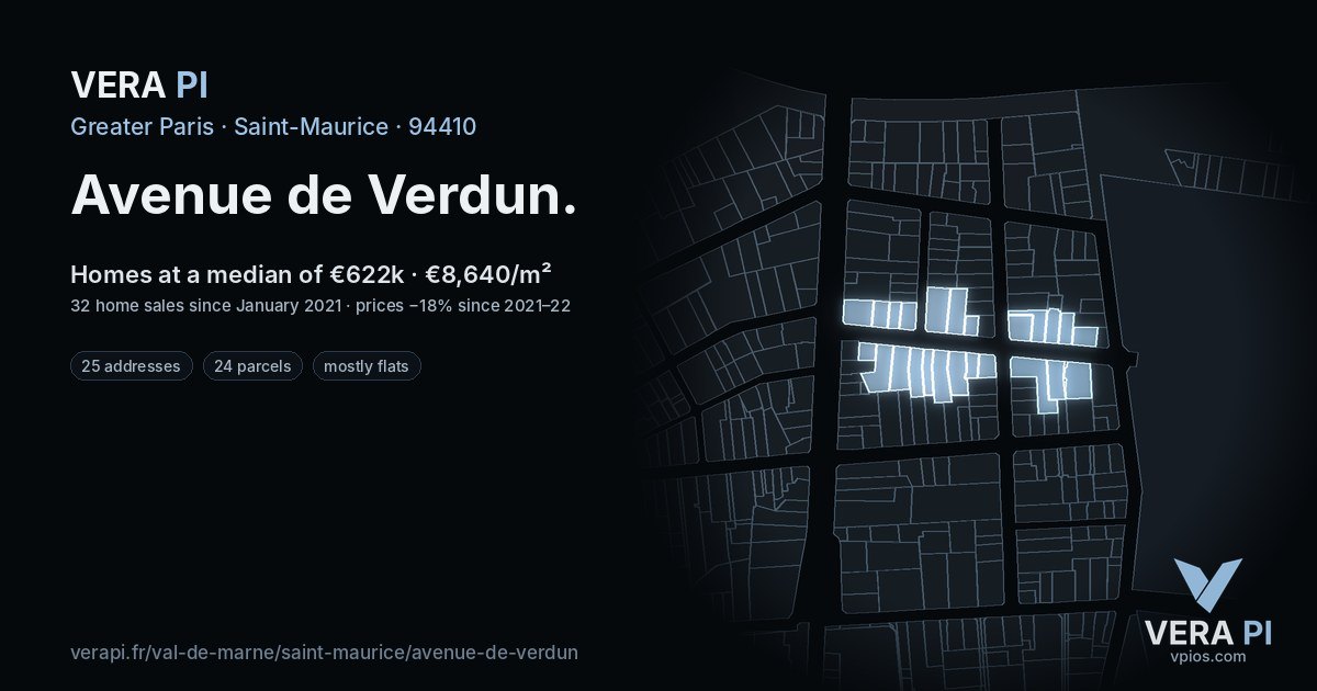 Avenue de Verdun, Saint-Maurice at night – every parcel coloured by the prices around it, the street's own parcels lit