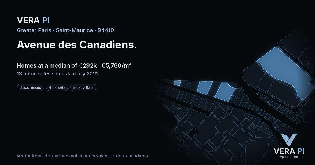 Avenue des Canadiens, Saint-Maurice at night – every parcel coloured by the prices around it, the street's own parcels lit