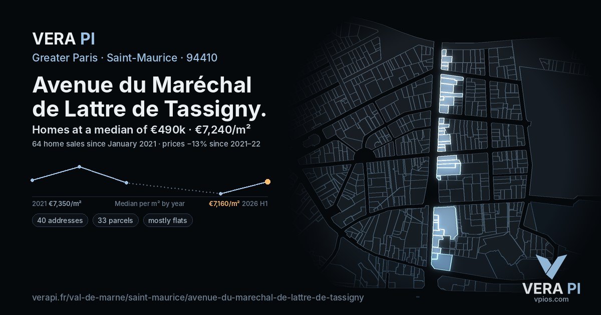 Avenue du Maréchal de Lattre de Tassigny, Saint-Maurice at night – every parcel coloured by the prices around it, the street's own parcels lit