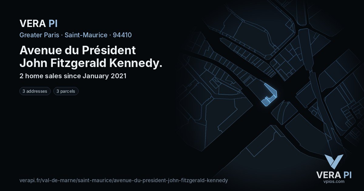 Avenue du Président John Fitzgerald Kennedy, Saint-Maurice at night – every parcel coloured by the prices around it, the street's own parcels lit