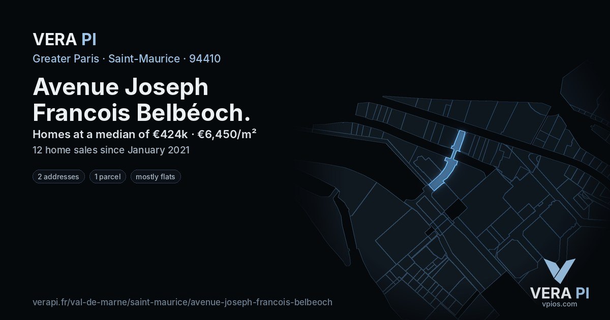 Avenue Joseph Francois Belbéoch, Saint-Maurice at night – every parcel coloured by the prices around it, the street's own parcels lit