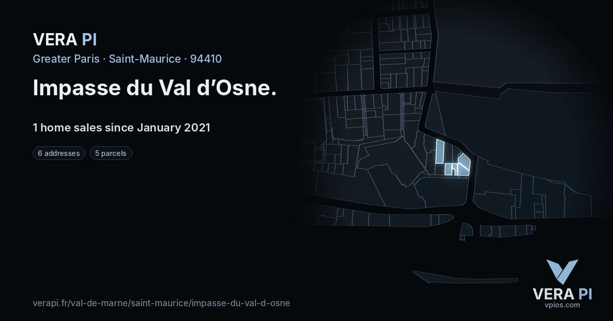 Impasse du Val d’Osne, Saint-Maurice at night – every parcel coloured by the prices around it, the street's own parcels lit