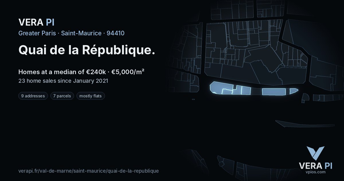 Quai de la République, Saint-Maurice at night – every parcel coloured by the prices around it, the street's own parcels lit