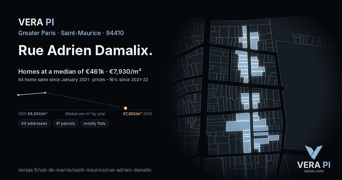 Rue Adrien Damalix, Saint-Maurice at night – every parcel coloured by the prices around it, the street's own parcels lit