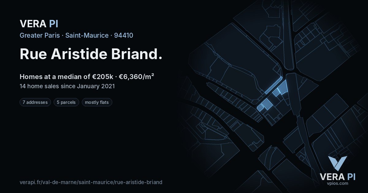 Rue Aristide Briand, Saint-Maurice at night – every parcel coloured by the prices around it, the street's own parcels lit