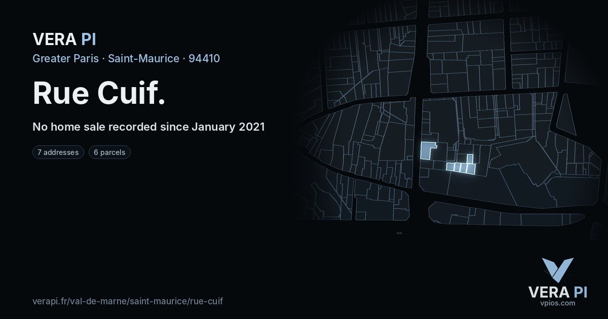Rue Cuif, Saint-Maurice at night – every parcel coloured by the prices around it, the street's own parcels lit
