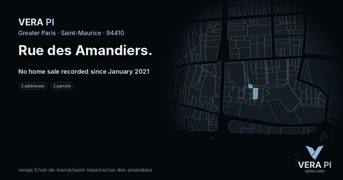 Rue des Amandiers, Saint-Maurice at night – every parcel coloured by the prices around it, the street's own parcels lit