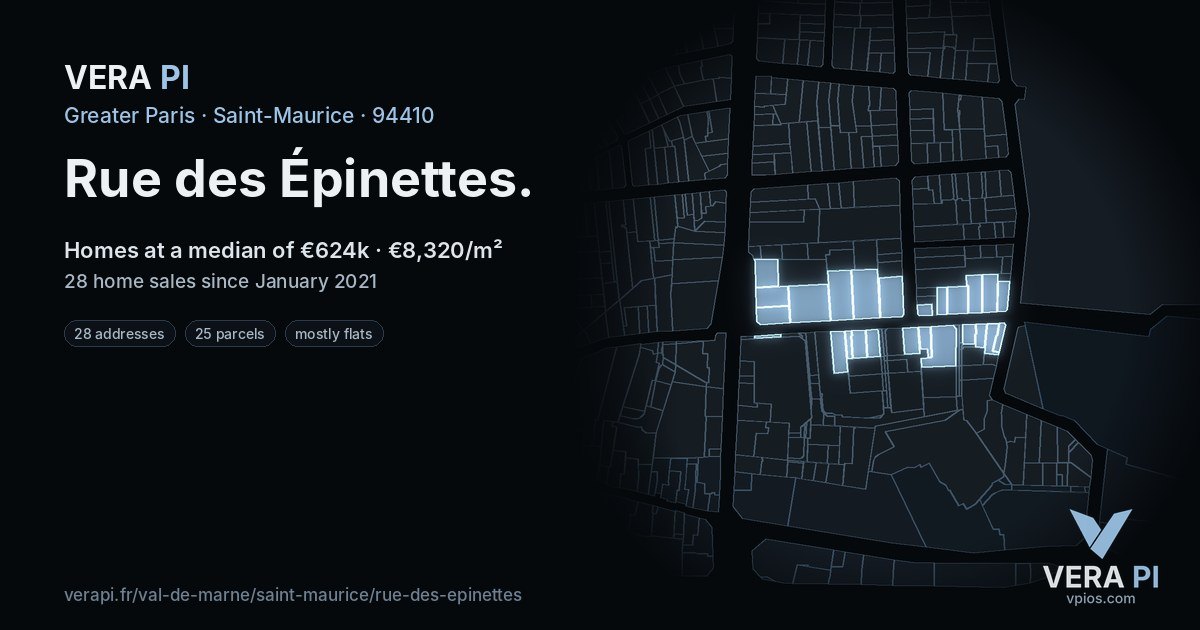 Rue des Épinettes, Saint-Maurice at night – every parcel coloured by the prices around it, the street's own parcels lit