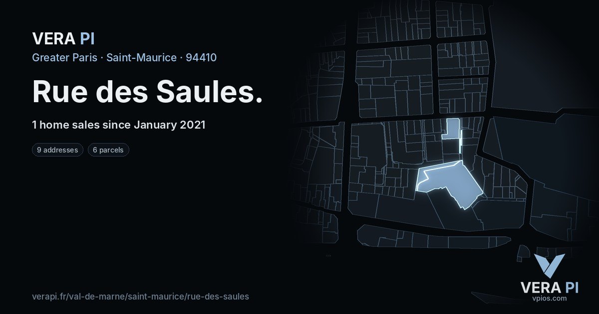 Rue des Saules, Saint-Maurice at night – every parcel coloured by the prices around it, the street's own parcels lit