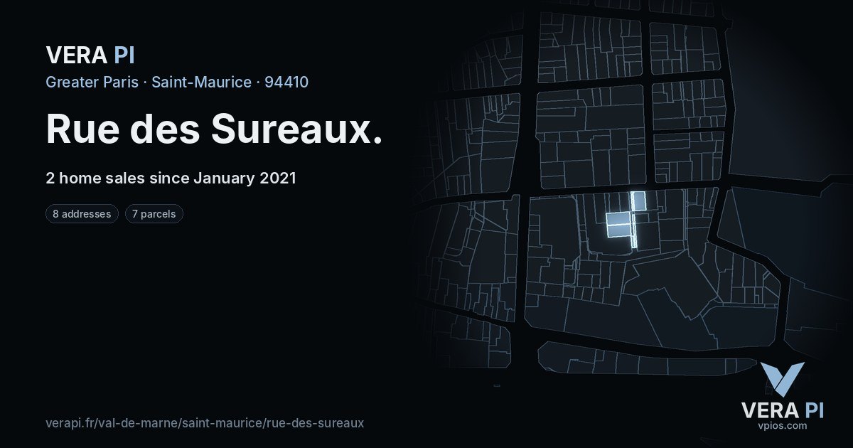 Rue des Sureaux, Saint-Maurice at night – every parcel coloured by the prices around it, the street's own parcels lit