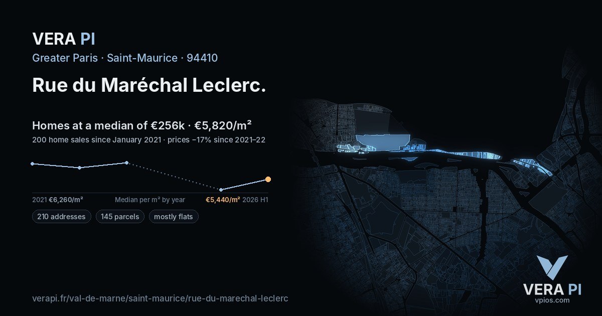 Rue du Maréchal Leclerc, Saint-Maurice at night – every parcel coloured by the prices around it, the street's own parcels lit