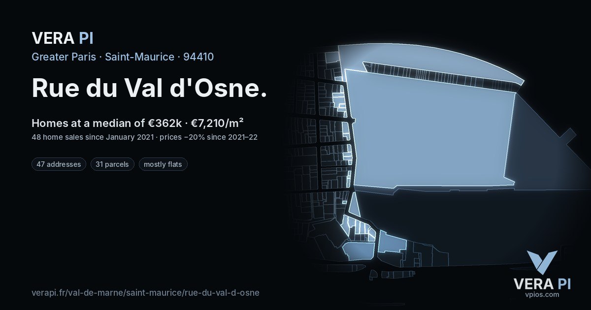 Rue du Val d'Osne, Saint-Maurice at night – every parcel coloured by the prices around it, the street's own parcels lit