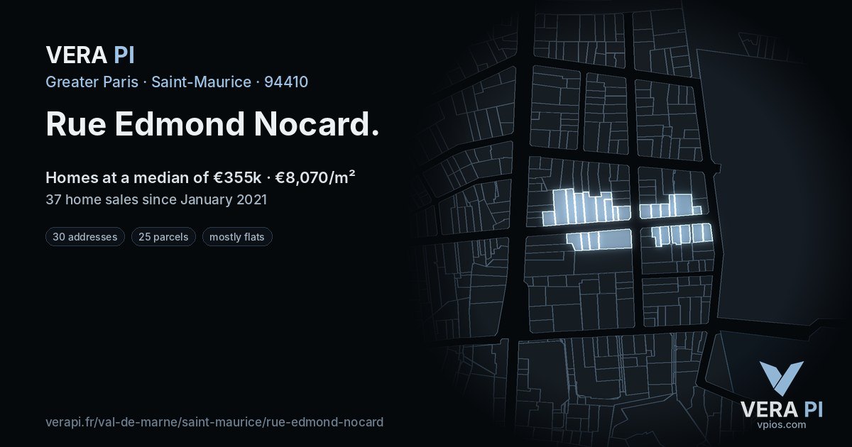 Rue Edmond Nocard, Saint-Maurice at night – every parcel coloured by the prices around it, the street's own parcels lit