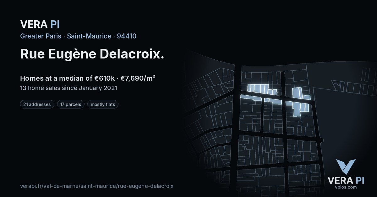 Rue Eugène Delacroix, Saint-Maurice at night – every parcel coloured by the prices around it, the street's own parcels lit