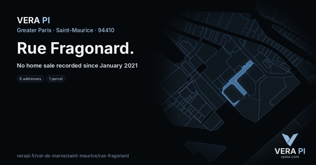 Rue Fragonard, Saint-Maurice at night – every parcel coloured by the prices around it, the street's own parcels lit