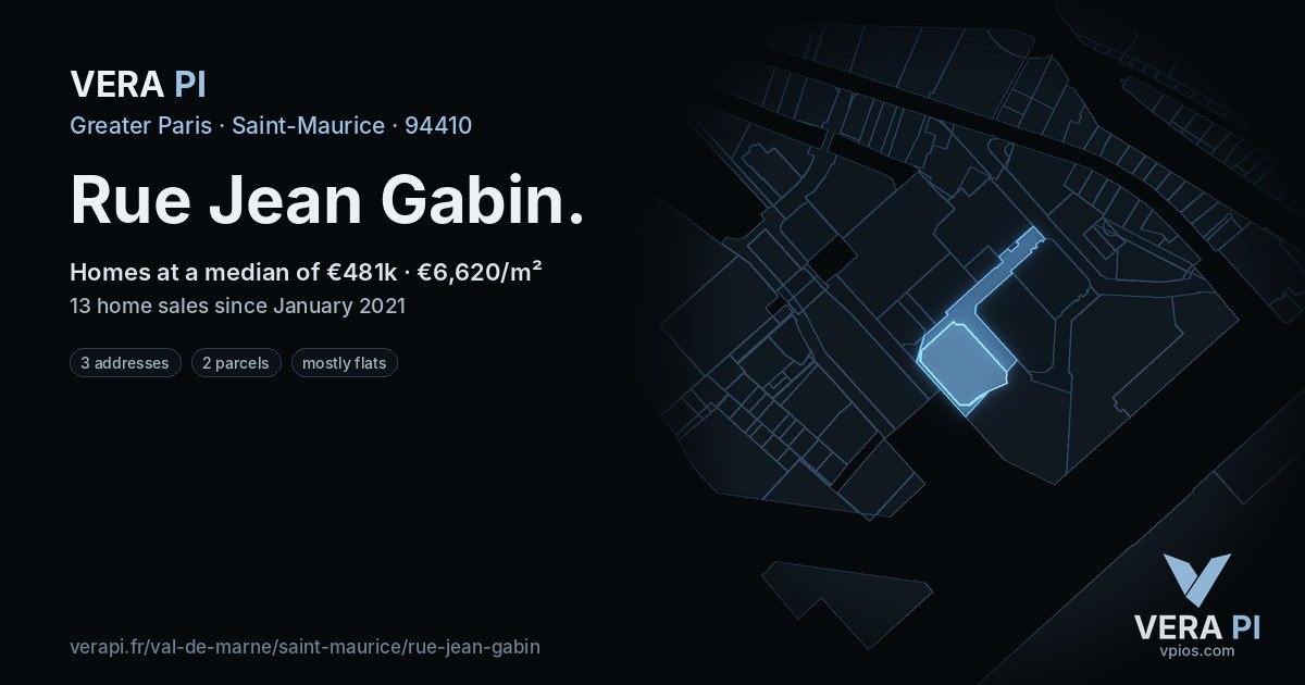 Rue Jean Gabin, Saint-Maurice at night – every parcel coloured by the prices around it, the street's own parcels lit