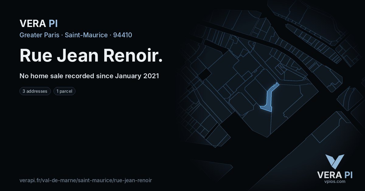 Rue Jean Renoir, Saint-Maurice at night – every parcel coloured by the prices around it, the street's own parcels lit