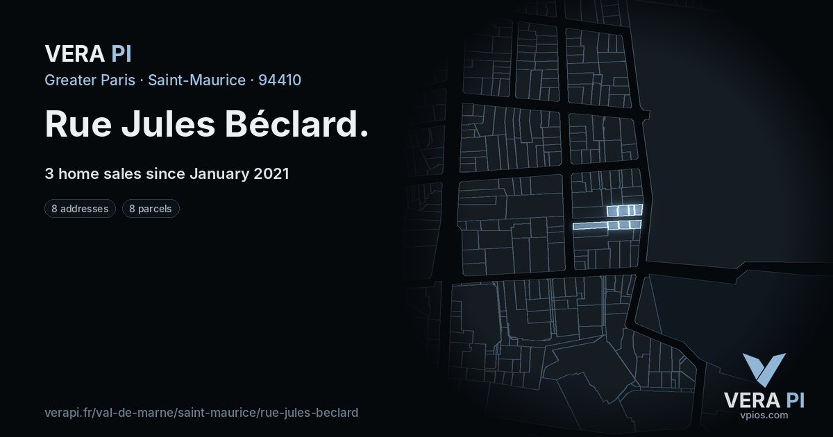 Rue Jules Béclard, Saint-Maurice at night – every parcel coloured by the prices around it, the street's own parcels lit