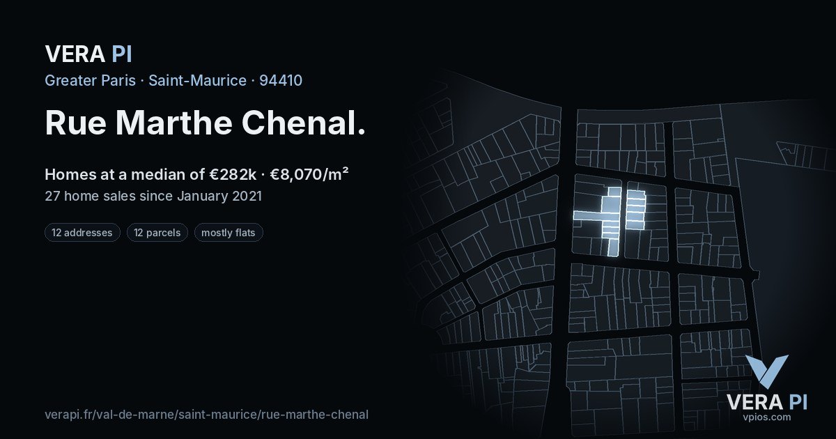 Rue Marthe Chenal, Saint-Maurice at night – every parcel coloured by the prices around it, the street's own parcels lit