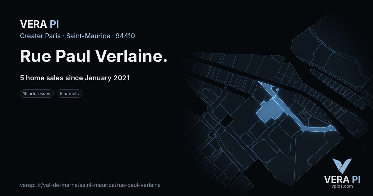 Rue Paul Verlaine, Saint-Maurice at night – every parcel coloured by the prices around it, the street's own parcels lit