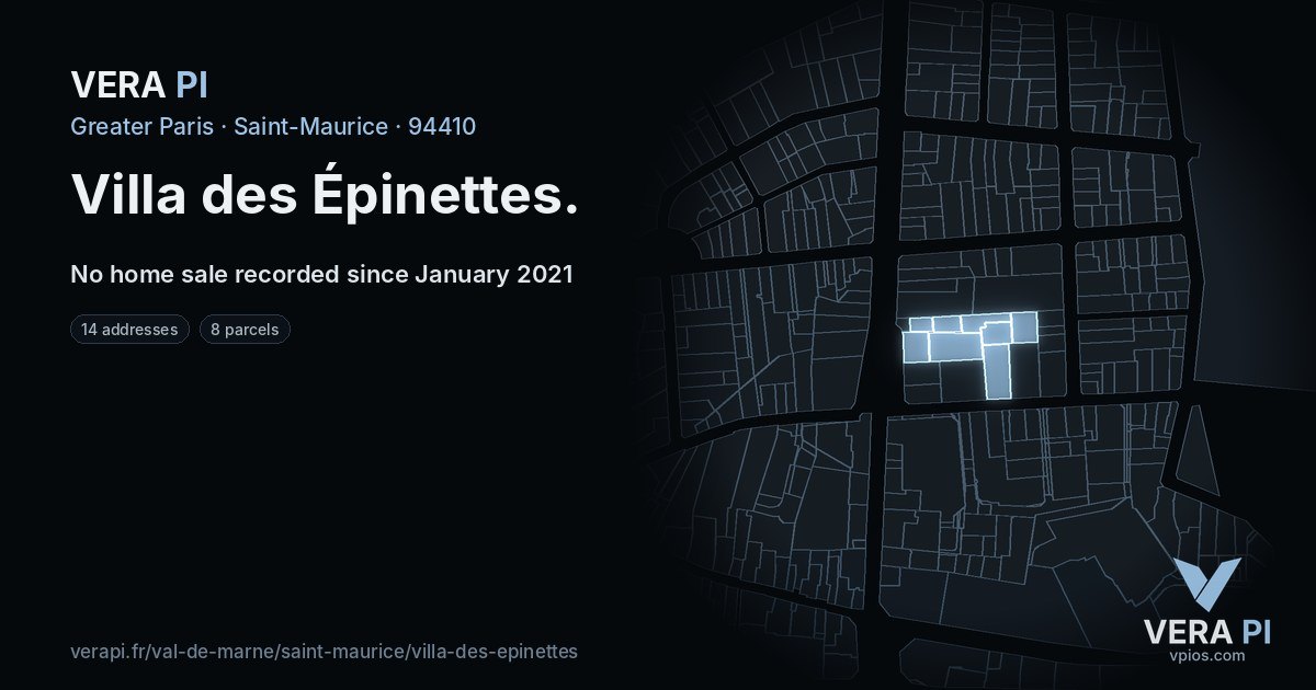 Villa des Épinettes, Saint-Maurice at night – every parcel coloured by the prices around it, the street's own parcels lit