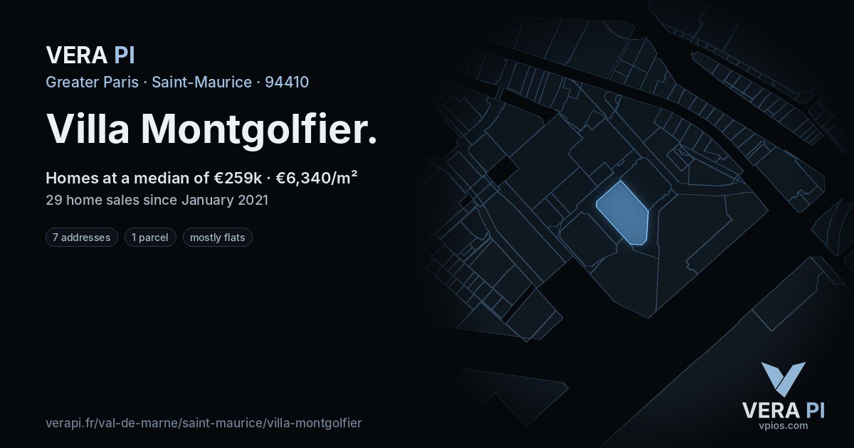 Villa Montgolfier, Saint-Maurice at night – every parcel coloured by the prices around it, the street's own parcels lit