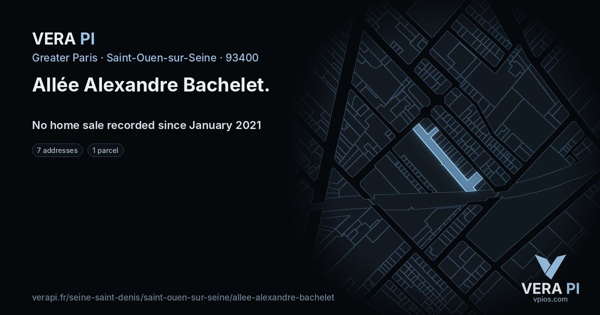 Allée Alexandre Bachelet, Saint-Ouen-sur-Seine at night – every parcel coloured by the prices around it, the street's own parcels lit