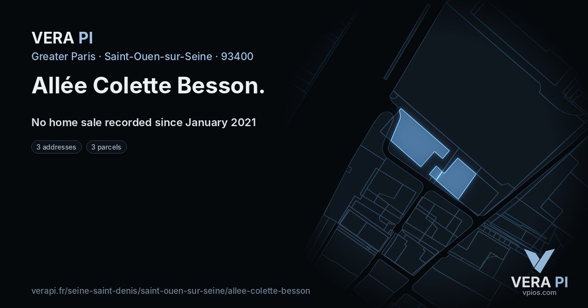 Allée Colette Besson, Saint-Ouen-sur-Seine at night – every parcel coloured by the prices around it, the street's own parcels lit