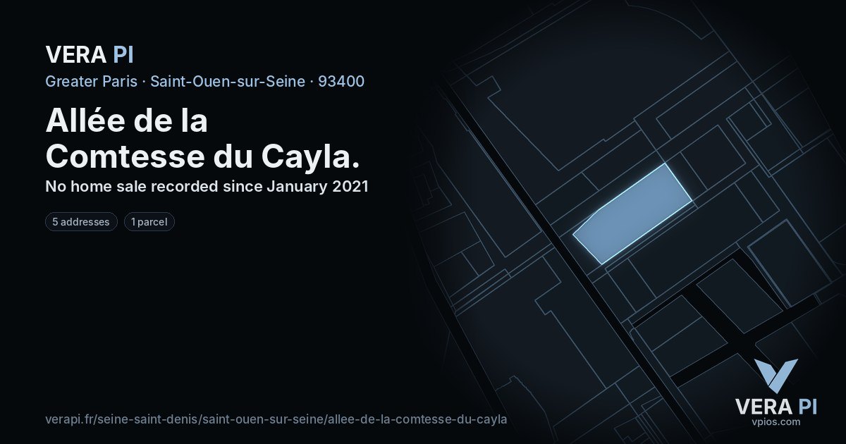 Allée de la Comtesse du Cayla, Saint-Ouen-sur-Seine at night – every parcel coloured by the prices around it, the street's own parcels lit