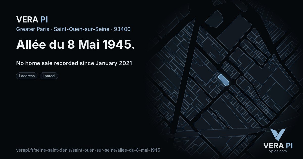Allée du 8 Mai 1945, Saint-Ouen-sur-Seine at night – every parcel coloured by the prices around it, the street's own parcels lit