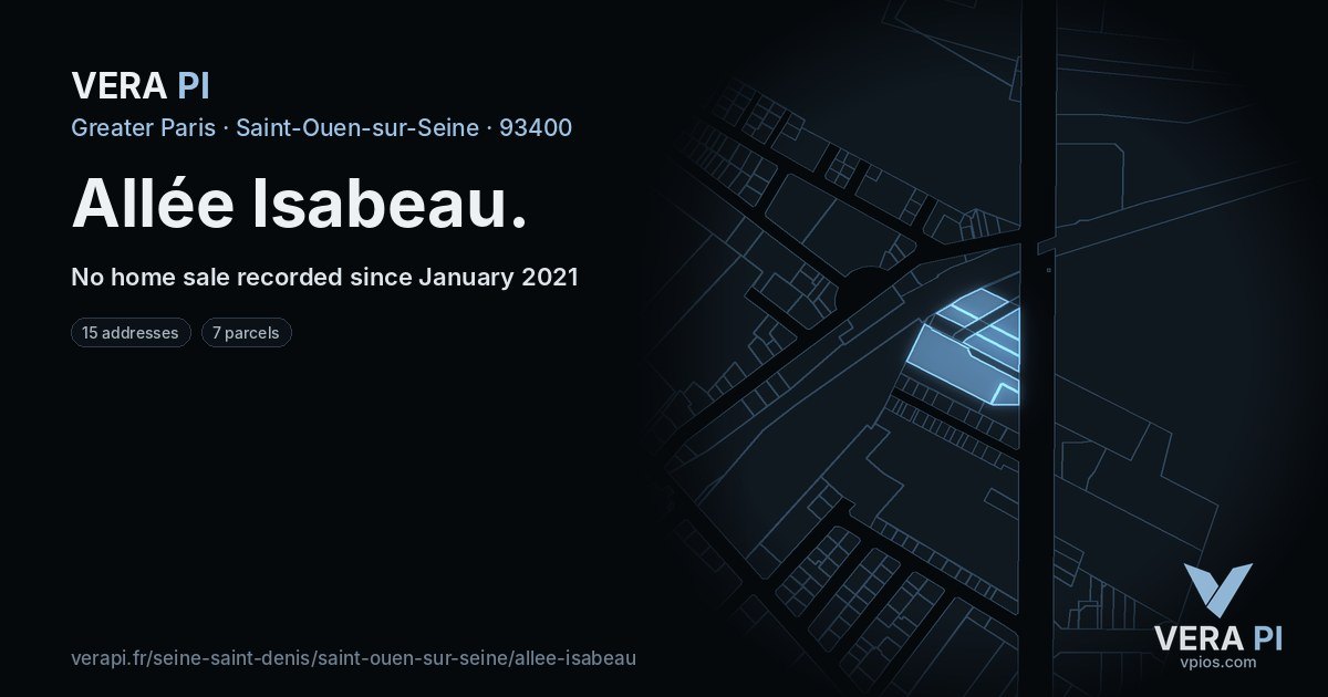 Allée Isabeau, Saint-Ouen-sur-Seine at night – every parcel coloured by the prices around it, the street's own parcels lit