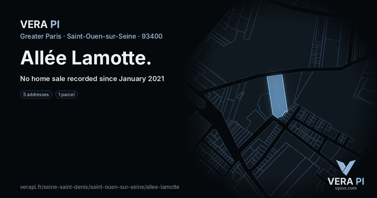 Allée Lamotte, Saint-Ouen-sur-Seine at night – every parcel coloured by the prices around it, the street's own parcels lit