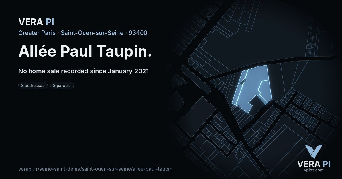 Allée Paul Taupin, Saint-Ouen-sur-Seine at night – every parcel coloured by the prices around it, the street's own parcels lit