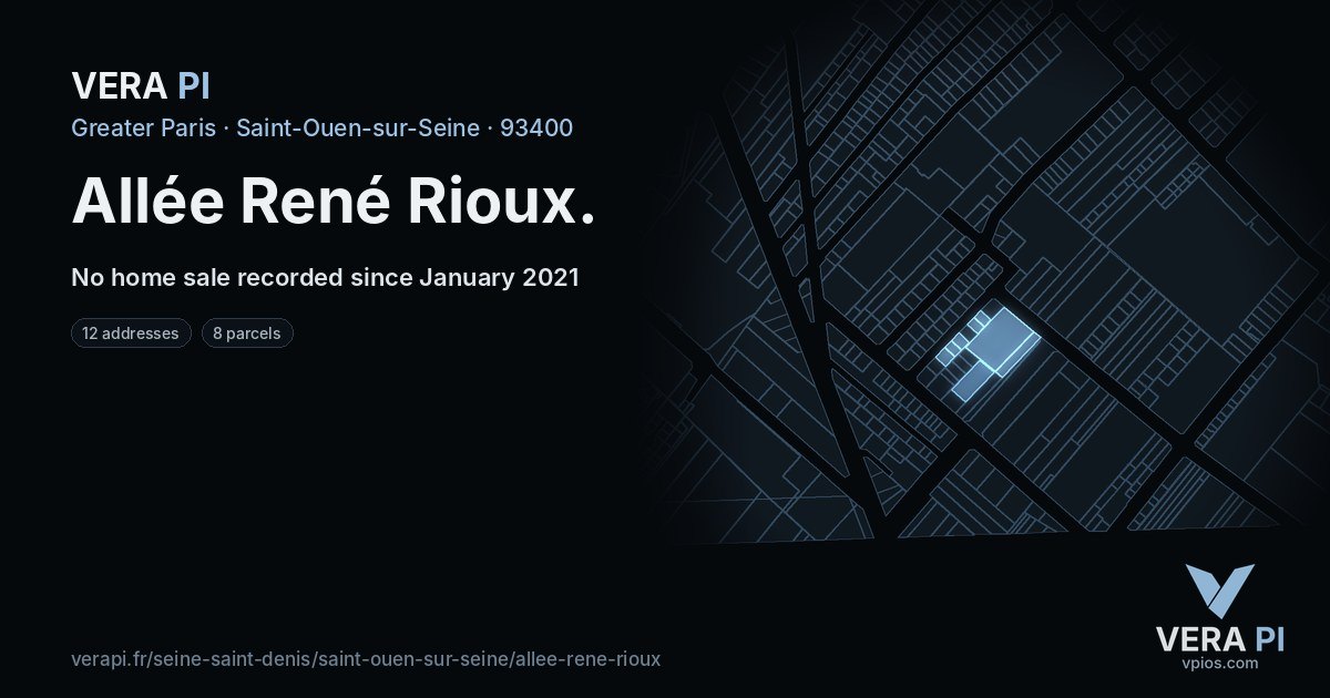 Allée René Rioux, Saint-Ouen-sur-Seine at night – every parcel coloured by the prices around it, the street's own parcels lit
